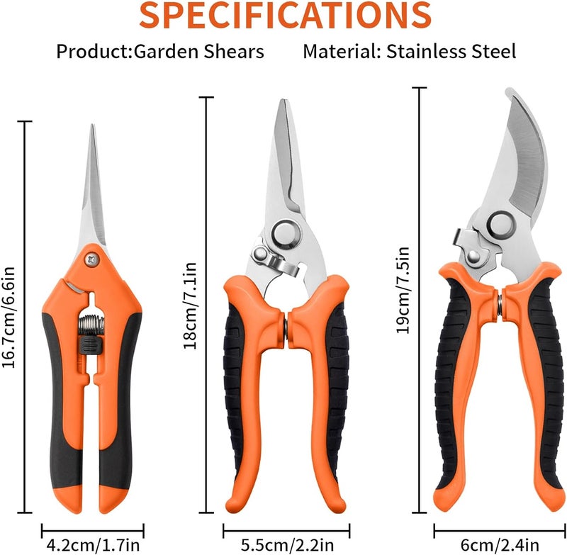 Drametic+ 3 Pack Garden Pruning Shears, Stainless Steel Shears, Gardening Shears Scissors Pruning Shears for Gardening Tools (3PCS Orange and Black) - Image 2